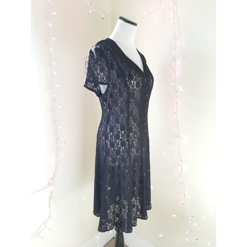 Vtg Black Sheer Lace Button Midi Dress Fit & Flare Whimsigoth 90s Corset Tie - Picture 2 of 10